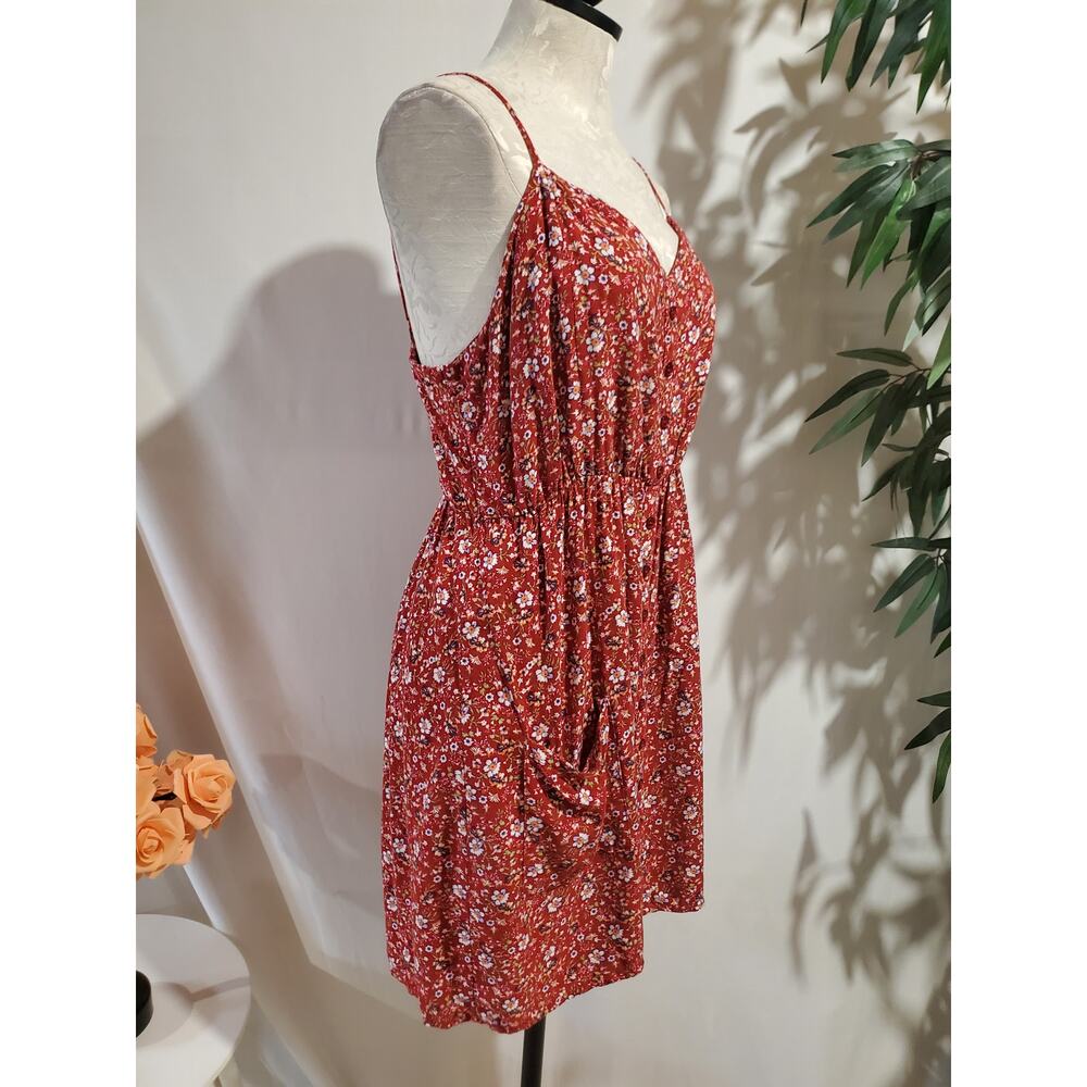 Vtg 90s Y2K Justify Floral Smocked Button Dress Junior Sz L Red Cottage Pockets - Picture 4 of 12